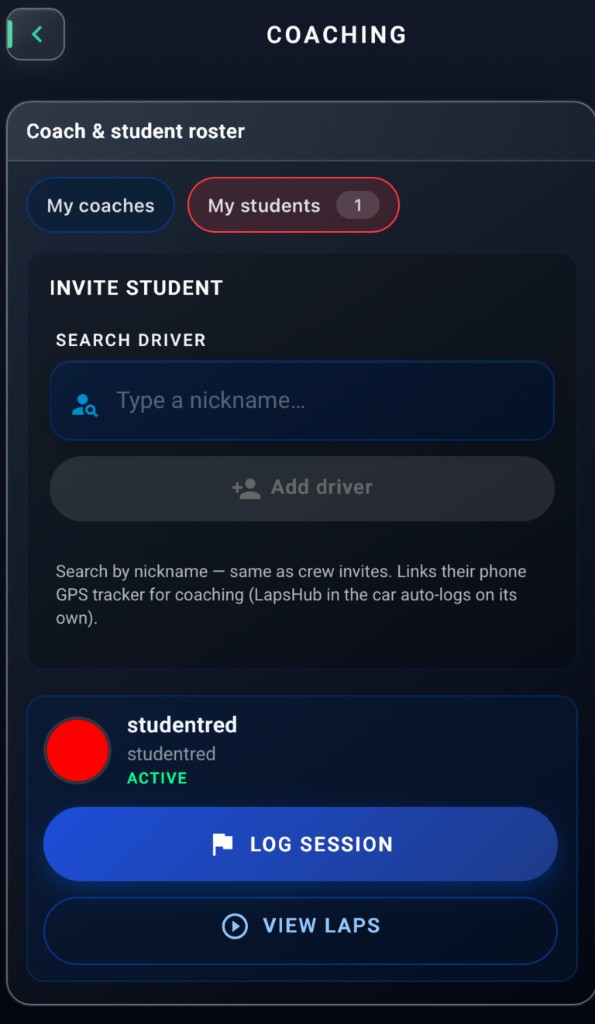 LapsHub coaching screen with student roster and Log Session button