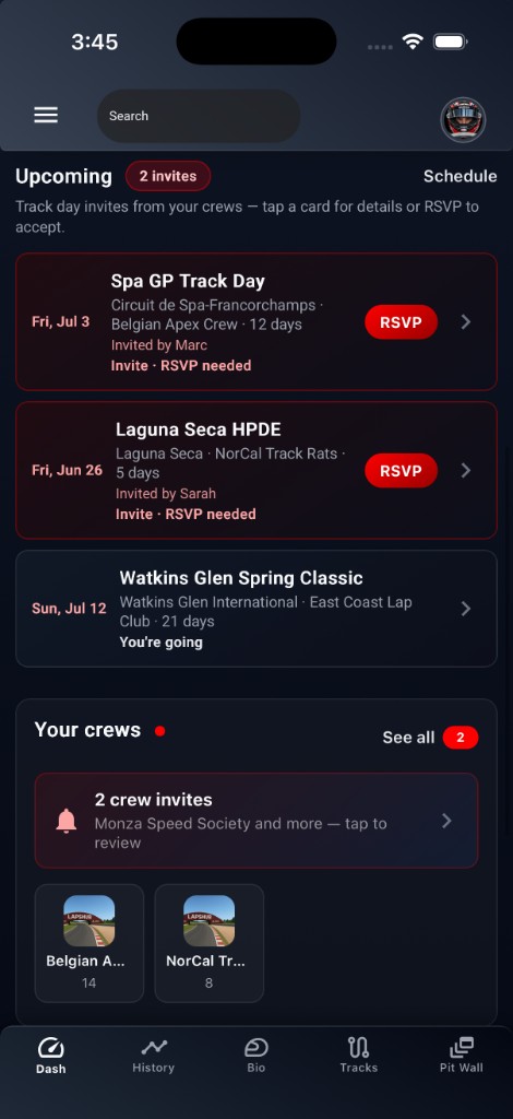 LapsHub Dash screen with track day invites, crew events, and RSVP