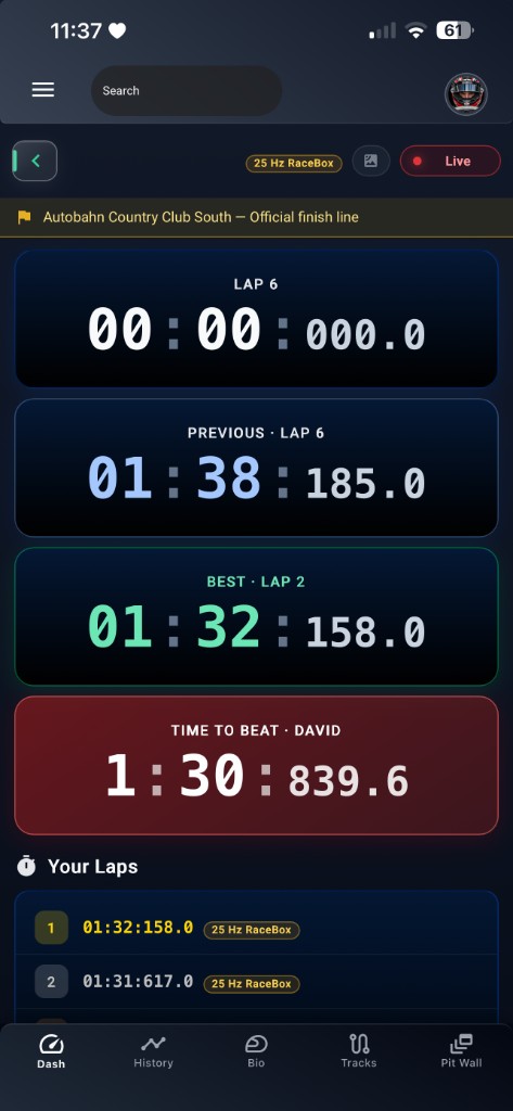 LapsHub Drive screen on iPhone with live lap timer, session best, and Time to Beat card