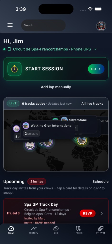 LapsHub Dash screen with Start Session, Phone GPS lap timing, live tracks map, and track day invites