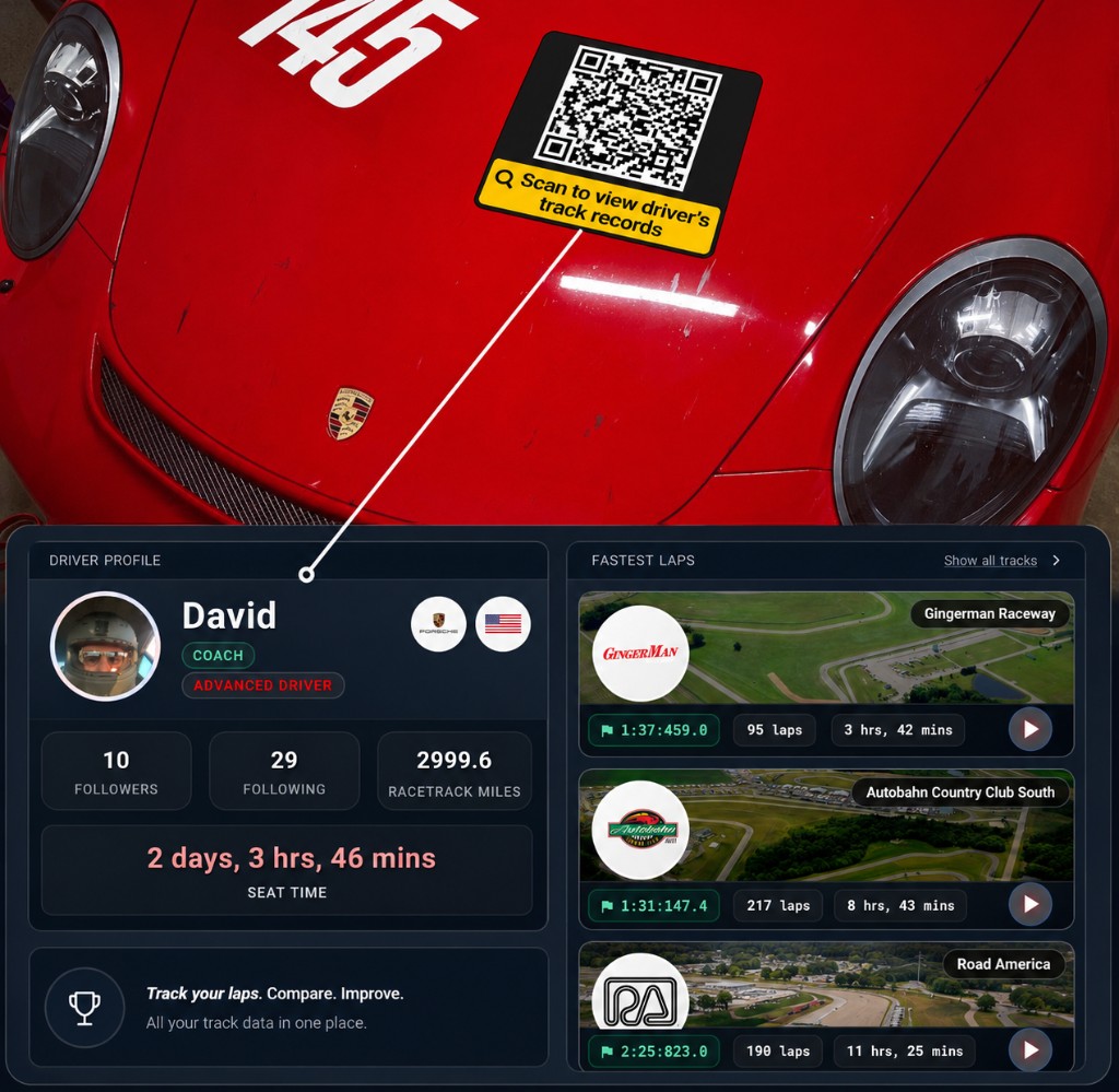 QR code on a race car linking to LapsHub Driver Bio dashboard